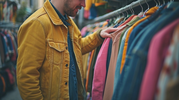 Person at a yard sale looking for bargains amongst miscellaneous items