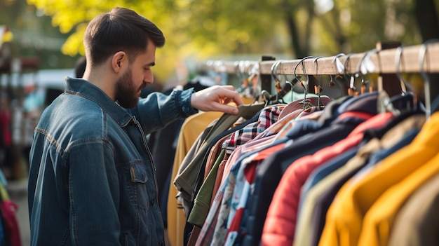 Person at a yard sale looking for bargains amongst miscellaneous items