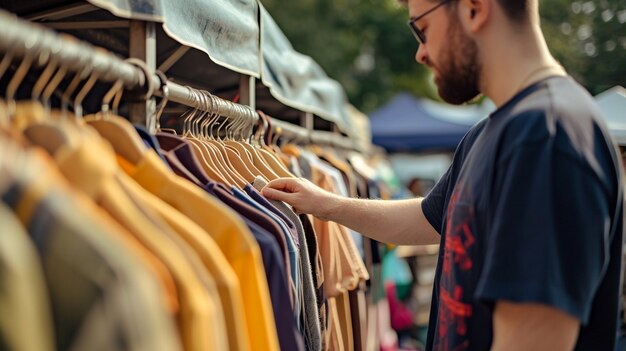 Person at a yard sale looking for bargains amongst miscellaneous items