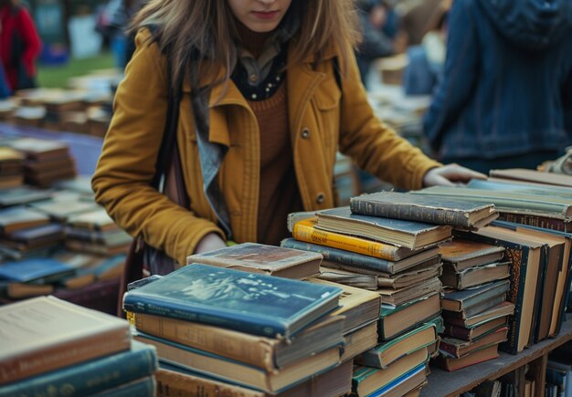 Person at a yard sale looking for bargains amongst miscellaneous items