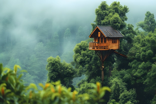 Free photo perspective of tree with beautiful canopy and tree house