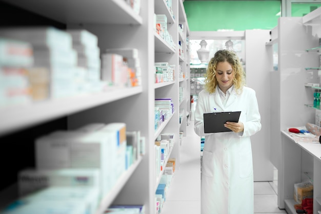 Pharmacist in white uniform walking by the shelf with medicines and checking inventory