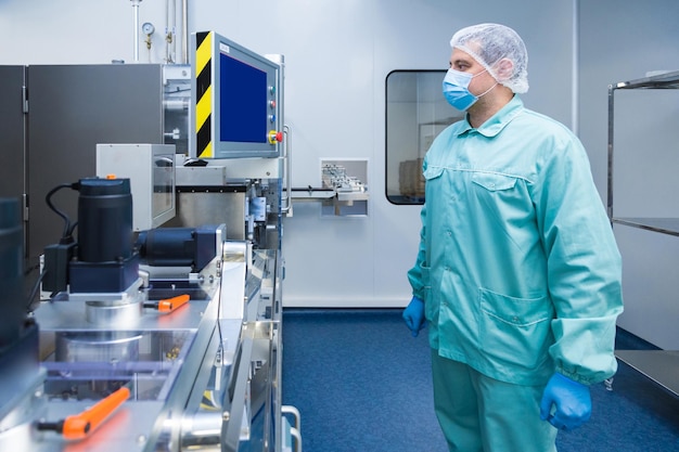 Pharmacy industry factory man worker in protective clothing in sterile working conditions operating on pharmaceutical equipment