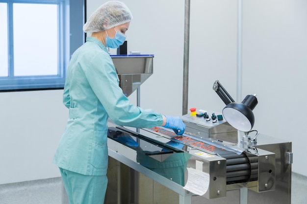 Free photo pharmacy industry woman worker in protective clothing operating production of tablets in sterile working conditions