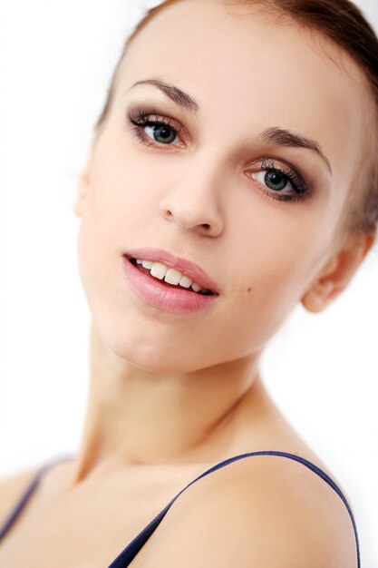 Photo of beautiful ballerina on white background