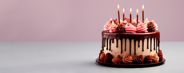 Photo of a beautiful chocolate and cream birthday cake decorated with lighted candles