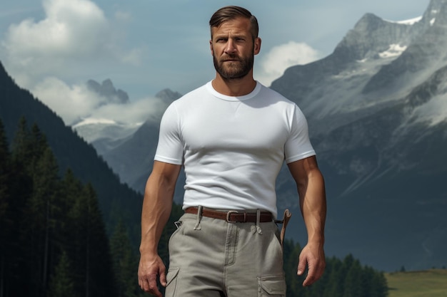 Free photo photo of a european strong man in a white shirt against a backdrop of swiss mountains