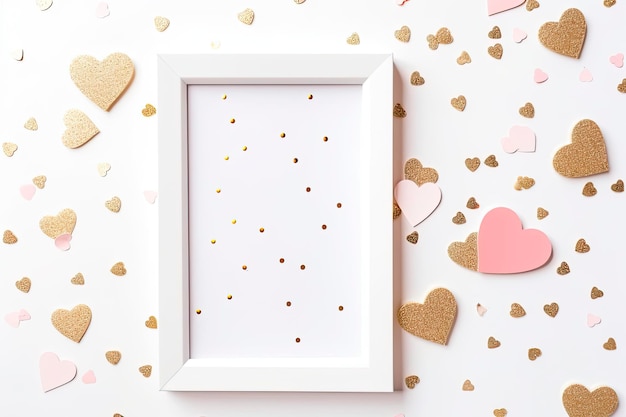 Free photo photo frame mock up with space for text golden confetti on white background top view