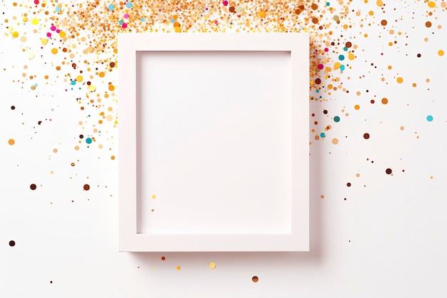 Free photo photo frame mock up with space for text golden confetti on white background