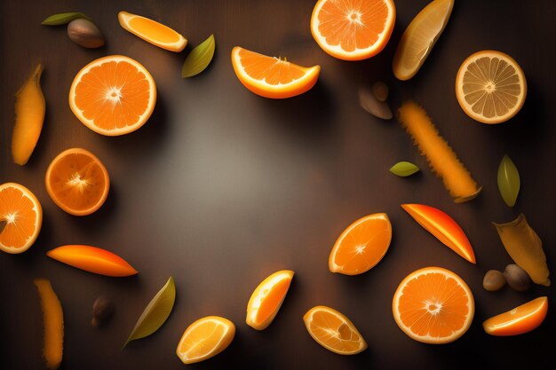 A photo of oranges and other fruits with a brown background