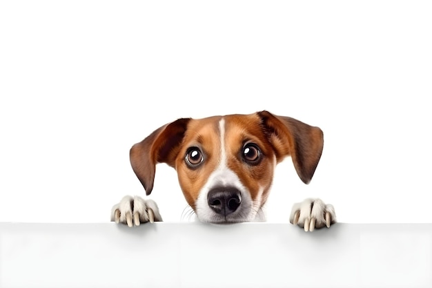 Free photo photo realistic surprised dog big eyes looking from behind white long frame banner