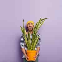 Free photo photo of smiling glad man focused upwards, holds pot of sansevieria, dressed in striped sweater, has positive expression, isolated over purple background.