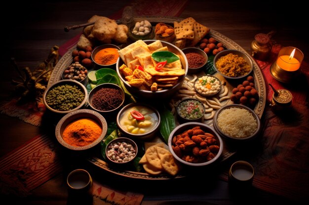 Photo of table with traditional Indian food to celebrate Diwali