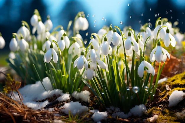 Photograph of snowdrops in bloom in a wintry landscape