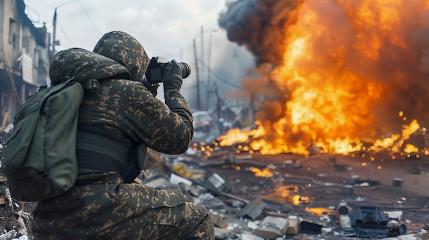 Free photo photographer capturing photos for world photography day in war zone and conflict area