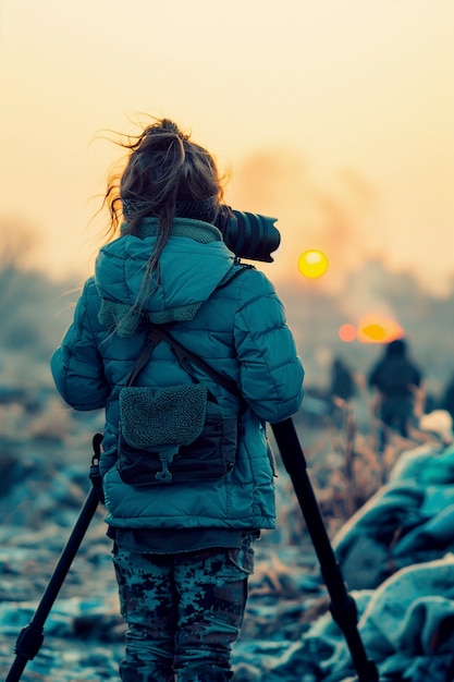 Free photo photographer capturing photos for world photography day in war zone and conflict area