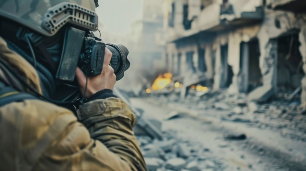 Free Photo photographer capturing photos for world photography day in war zone and conflict area