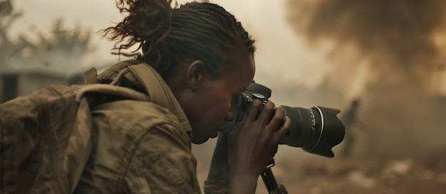 Free photo photographer capturing photos for world photography day in war zone and conflict area