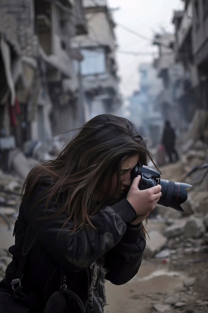 Free photo photographer capturing photos for world photography day in war zone and conflict area