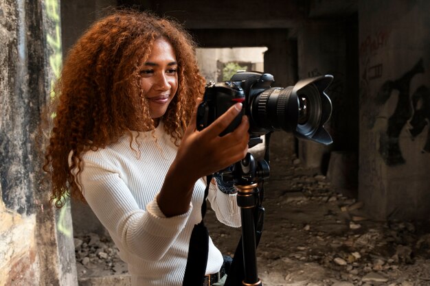 Photographer exploring abandoned location