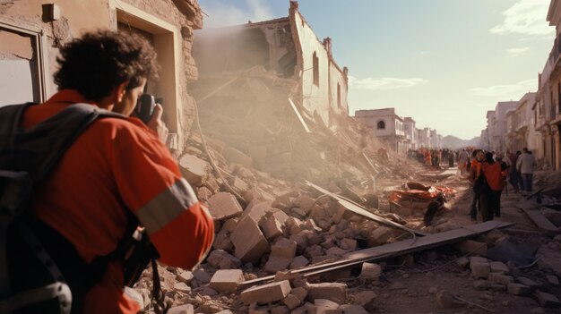 Photographer taking picture of people after earthquake