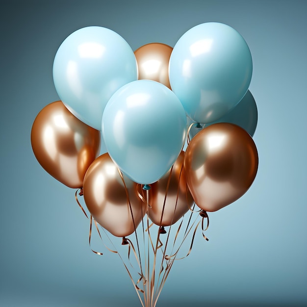 Free photo photography of gold and blue balloons in light blue background