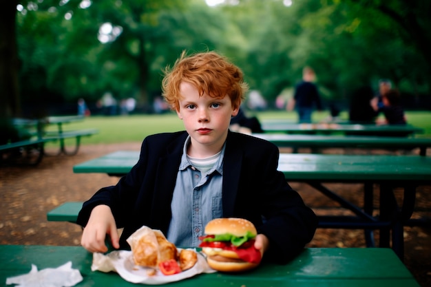 Photorealistic boy with burger meal