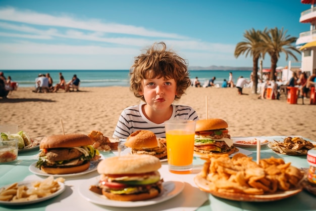 Photorealistic boy with burger meal