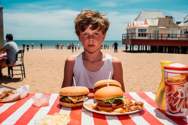 Photorealistic boy with burger meal