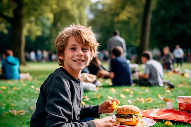 Photorealistic boy with burger meal