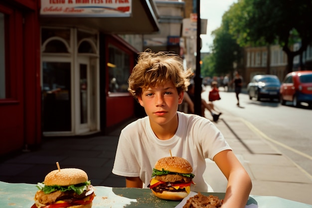 Photorealistic boy with burger meal