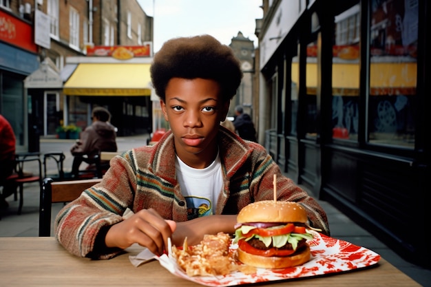 Photorealistic boy with burger meal