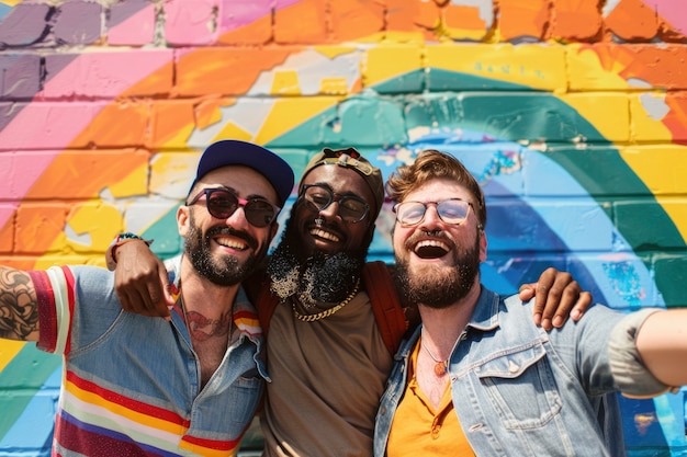 Free photo photorealistic colorful rainbow colors with men celebrating pride together