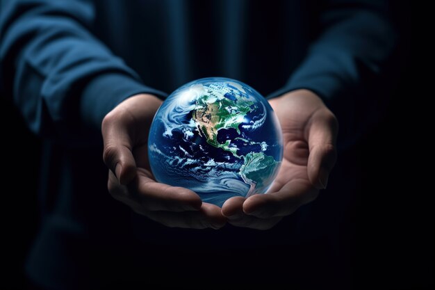 Photorealistic hands holding planet earth