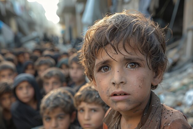 Photorealistic kid in refugee camp