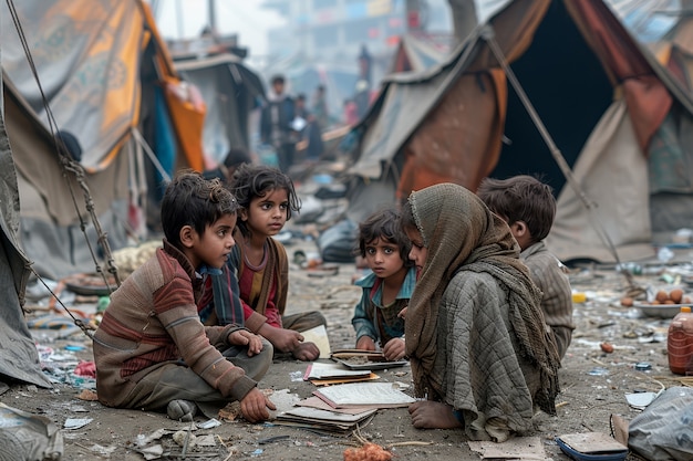 Photorealistic kid in refugee camp