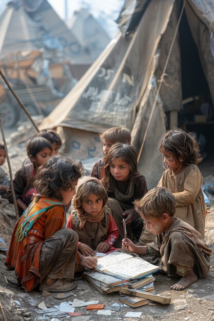 Photorealistic kid in refugee camp