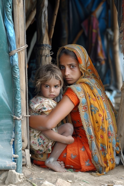 Photorealistic kid in refugee camp