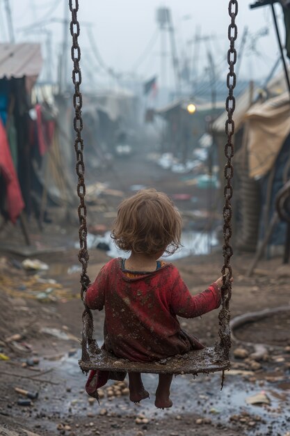 Photorealistic kid in refugee camp