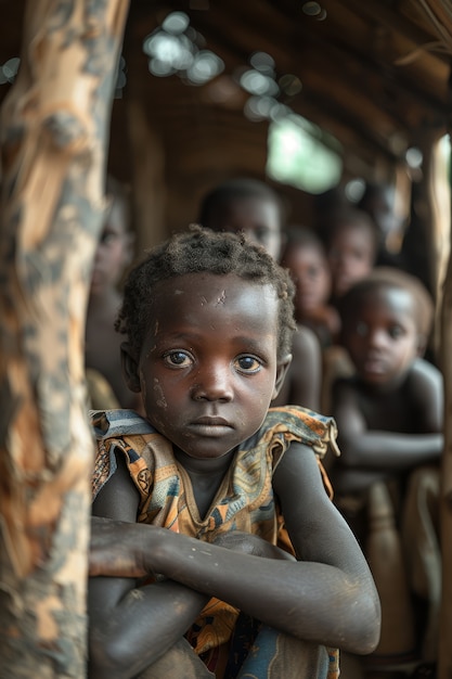 Photorealistic kid in refugee camp