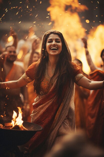 Photorealistic lohri festival celebration with woman and fire