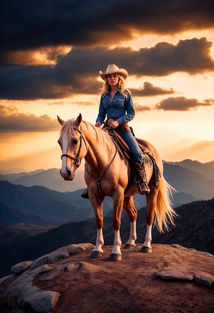 Photorealistic portrait of female cowboy at sunset