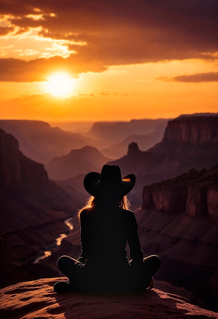 Photorealistic portrait of female cowboy at sunset