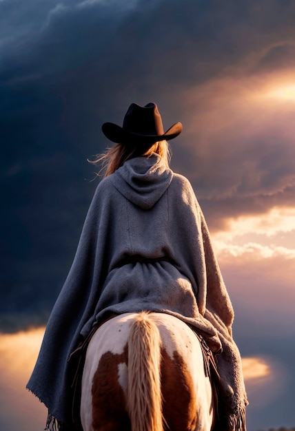 Photorealistic portrait of female cowboy at sunset