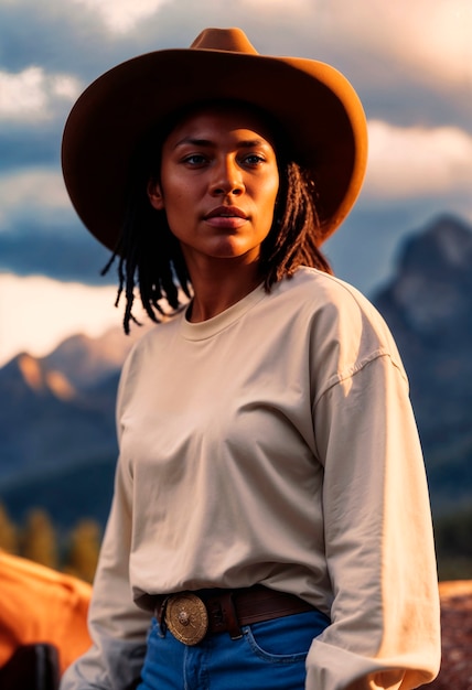 Photorealistic portrait of female cowboy at sunset