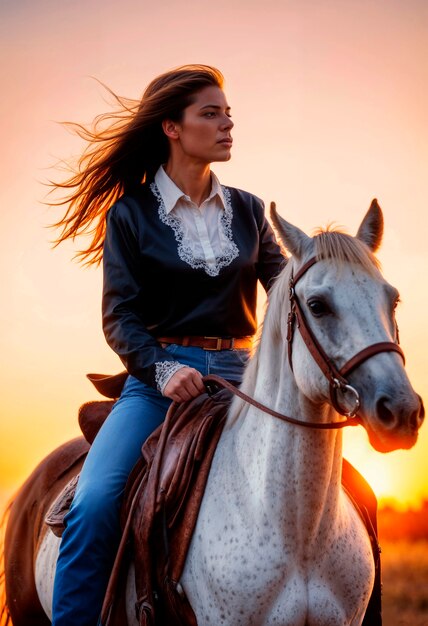 Photorealistic portrait of female cowboy at sunset