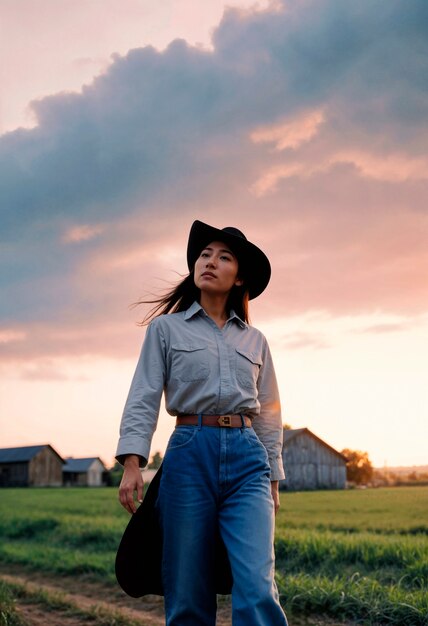 Photorealistic portrait of female cowboy at sunset