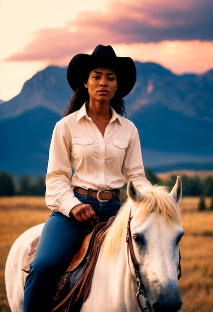 Photorealistic portrait of female cowboy at sunset