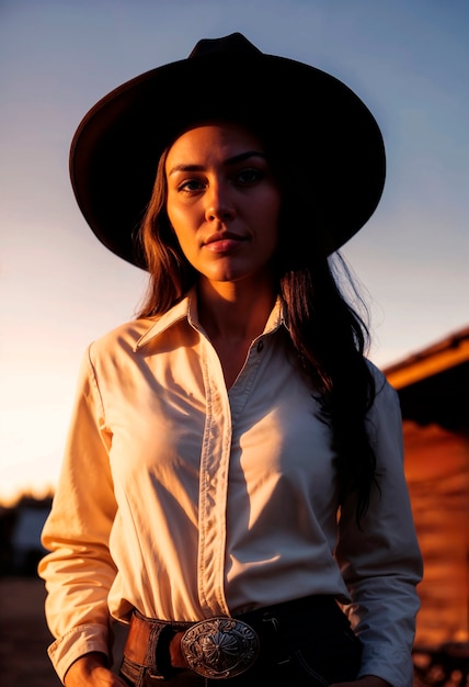 Photorealistic portrait of female cowboy at sunset