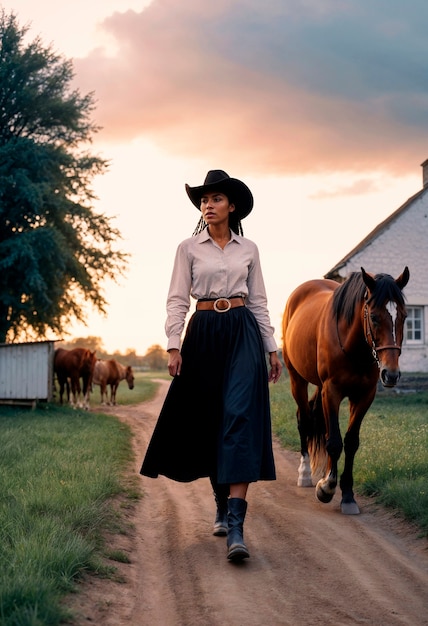 Photorealistic portrait of female cowboy at sunset